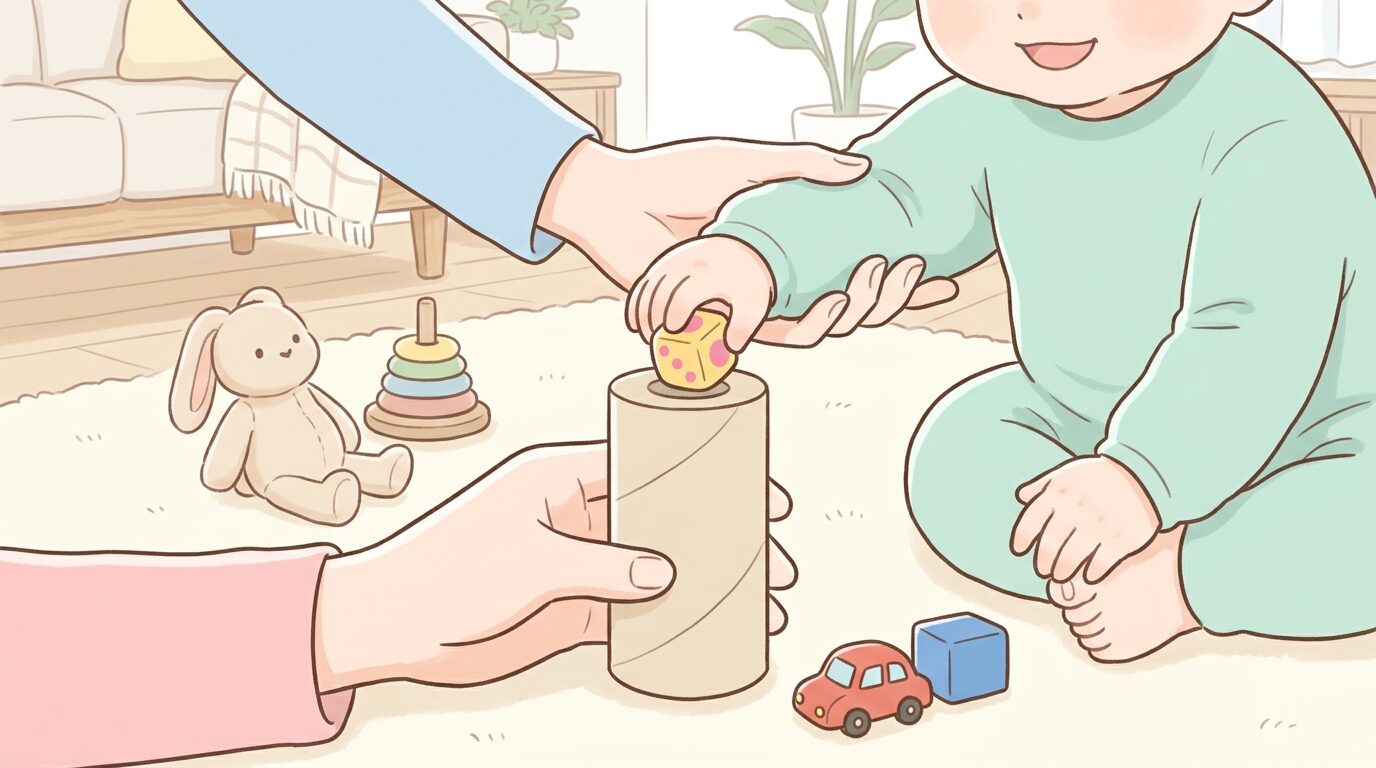 リビングの床でトイレットペーパーの芯を使い、小さなおもちゃのサイズを確認している母親と赤ちゃんの手元