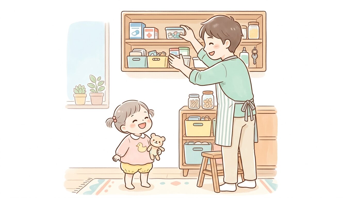 高い場所にある収納棚に薬や小物を片付けている、笑顔で作業する父親と側で見守る幼児