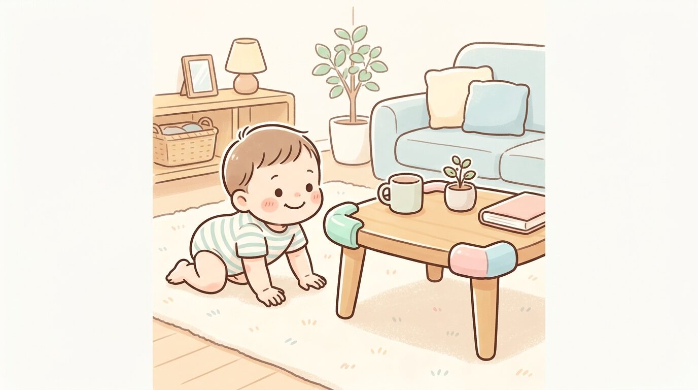 リビングでハイハイする赤ちゃんとコーナーガードが付いたローテーブル