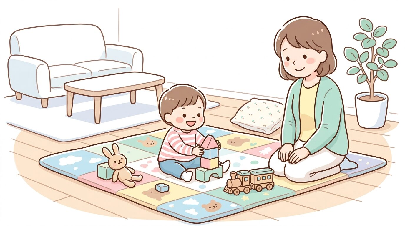 角のある家具から離れた場所にプレイマットを敷いて遊ぶ子どもと見守る親