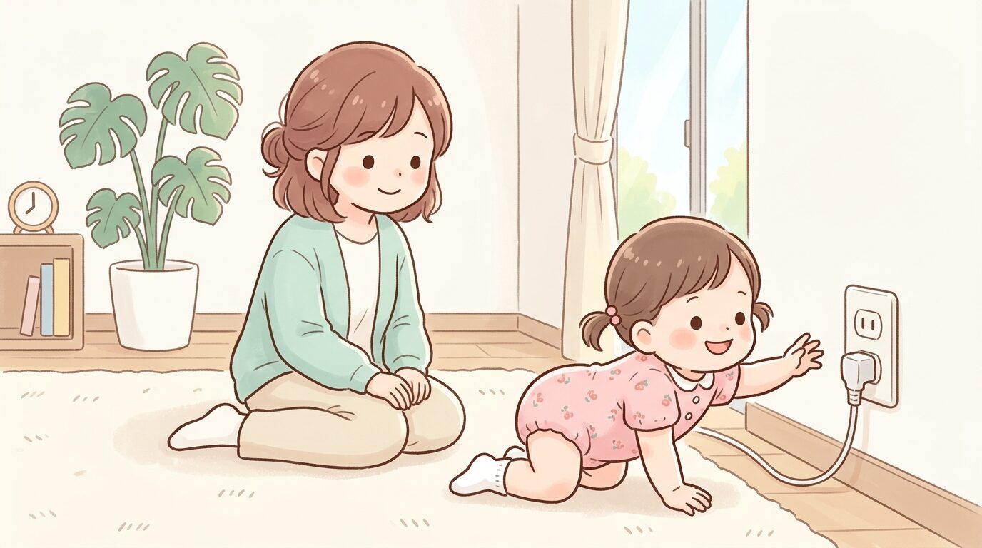 リビングの床でハイハイをしながらコンセント周辺に近づく1歳児と、後ろで見守る母親の柔らかな表情