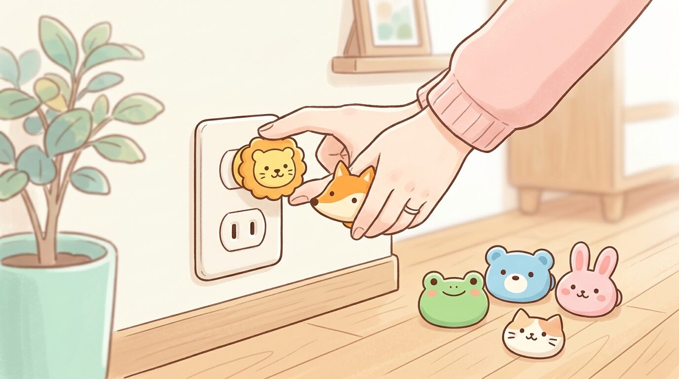 リビングの壁際にあるコンセントに、動物モチーフのカラフルなコンセントキャップを取り付ける親の手元