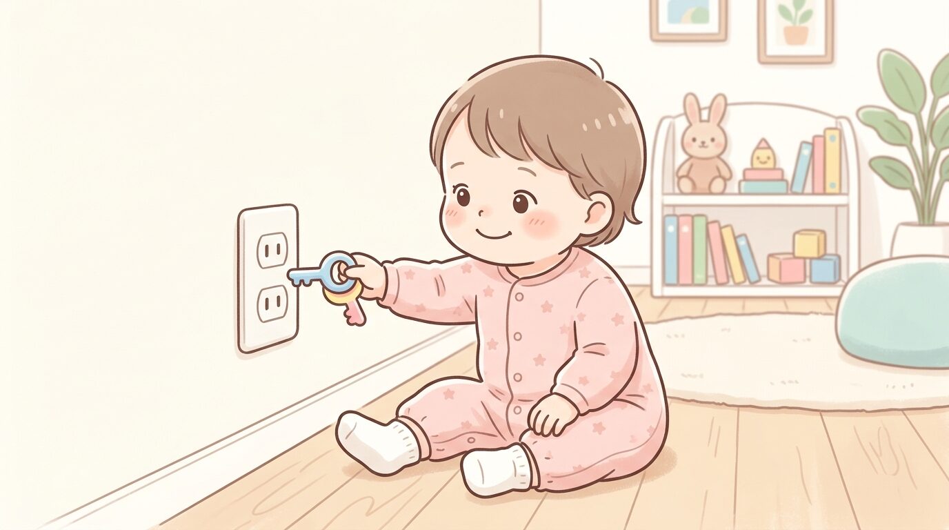 おもちゃの鍵を持ってコンセント付近に興味を示す2歳くらいの子どもの様子