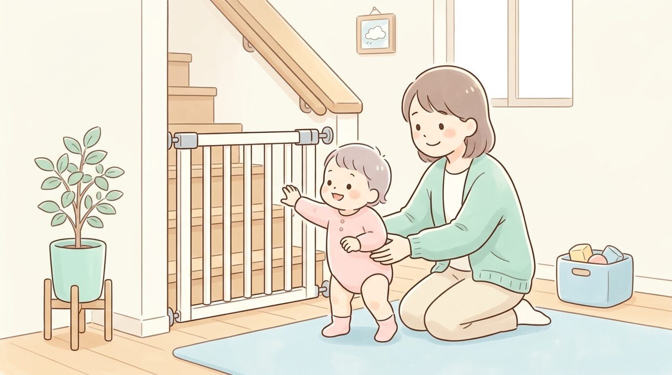 リビングの階段付近でベビーゲートに手を伸ばす1歳くらいの子どもと、そばで見守る母親