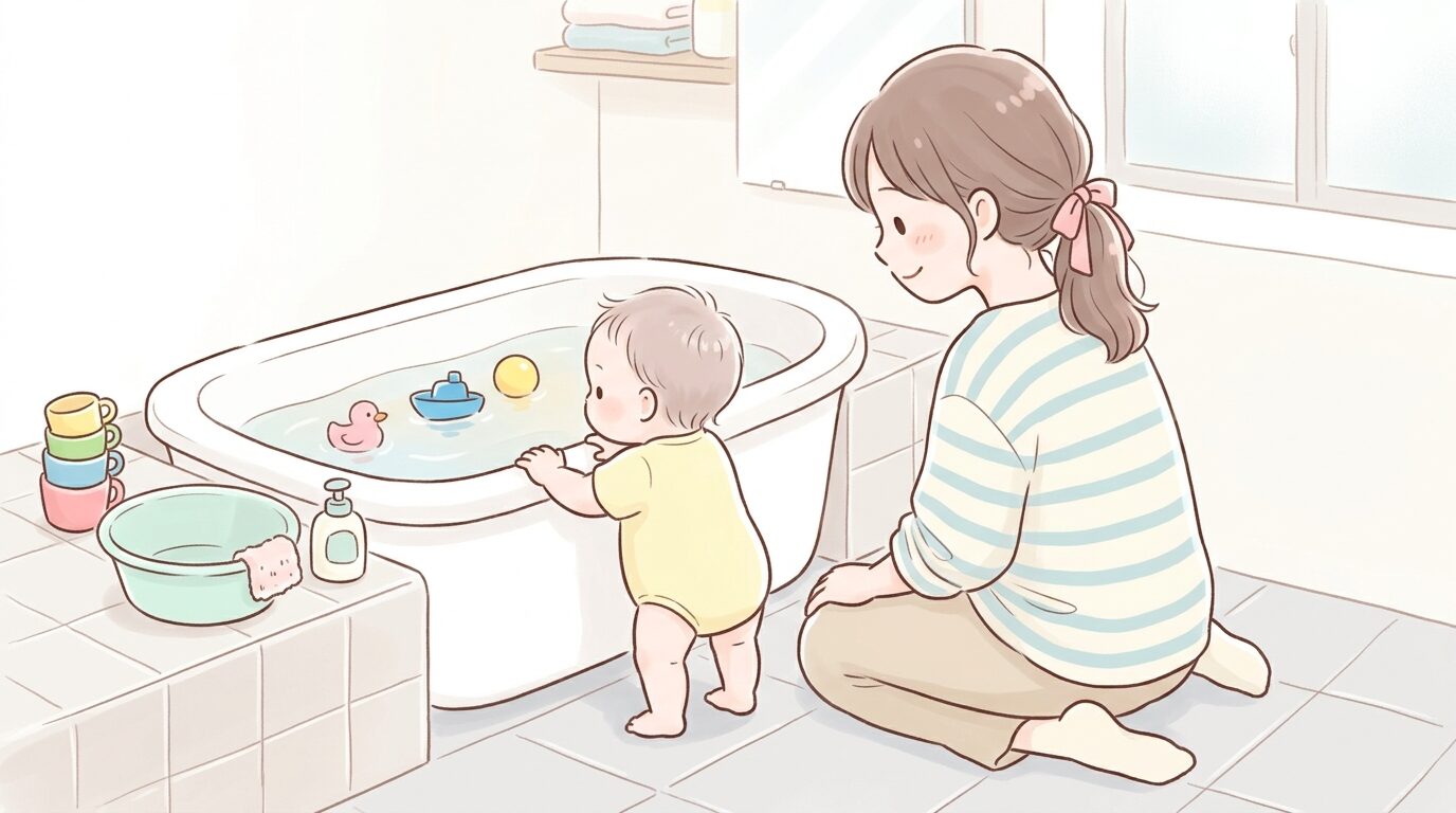 洗面器やおもちゃが置かれた浴室で、赤ちゃんが浴槽の縁に手をかけて立っている様子を後ろから見守る母親