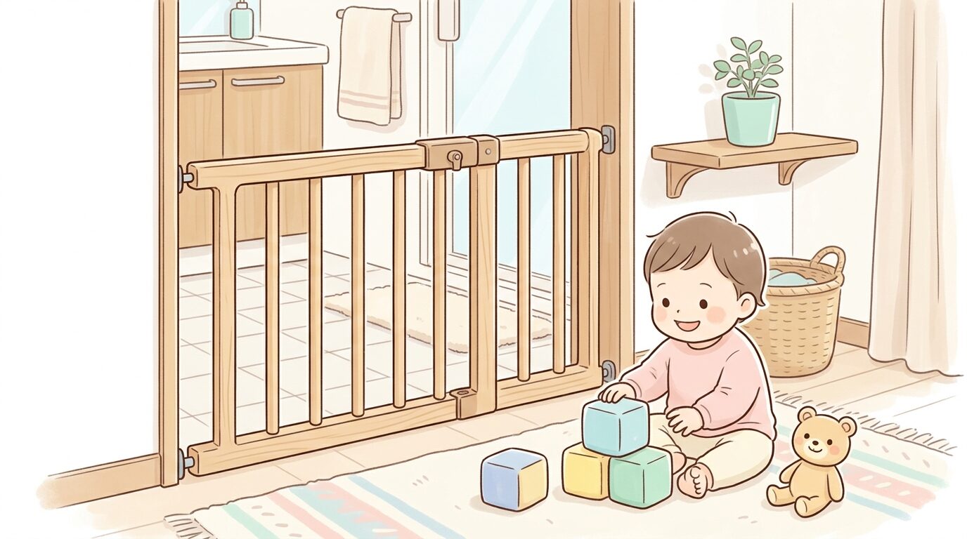 脱衣所の入り口に設置されたベビーゲートと、その横で遊ぶ幼児の様子