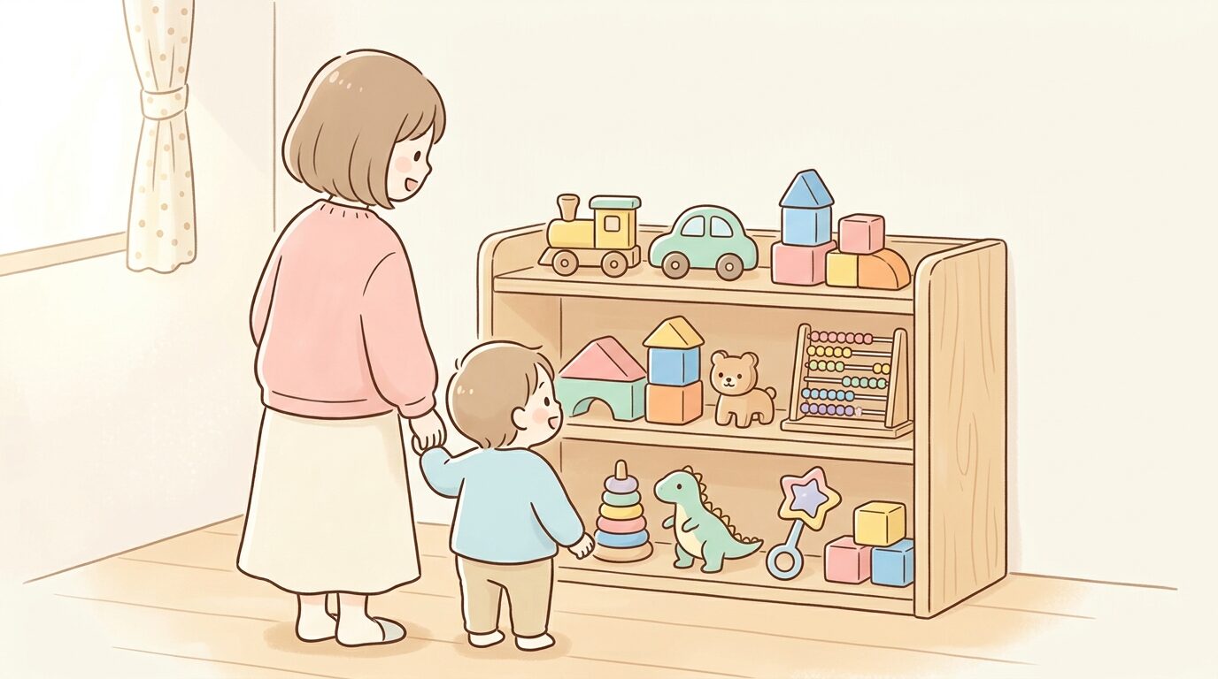木製とプラスチック製のカラフルなおもちゃが並ぶ棚を見つめる親子の後ろ姿