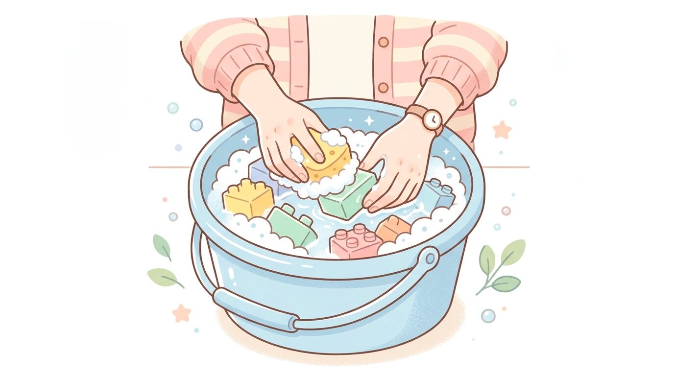 バケツに入れたプラスチック製ブロックを泡立てたスポンジで洗う女性の手元