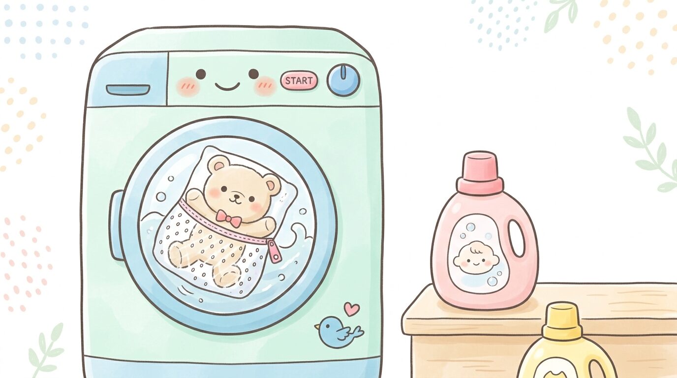洗濯ネットに入れられたぬいぐるみと洗濯機、隣に置かれた赤ちゃん用洗剤ボトル