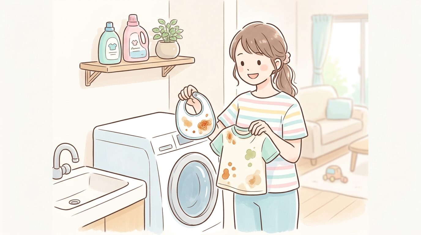 食べこぼしで汚れたスタイと子ども服を手に微笑む母親、明るいリビングの洗面所