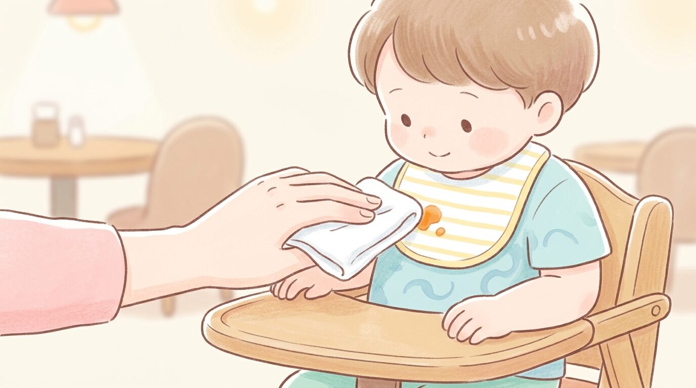 おしぼりで子どもの服の食べこぼしを優しく叩いて拭く親の手元、外出先のレストラン
