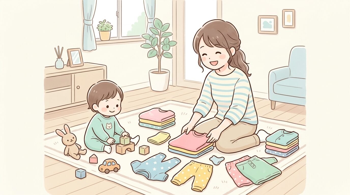 リビングの床に広げた子供服を笑顔で整理する母親と、そばで遊ぶ1歳児
