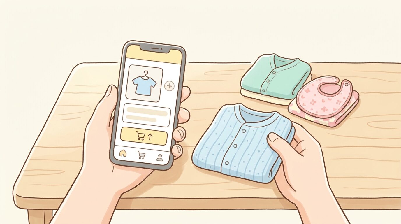 フリマアプリで子供服を撮影・出品する準備をする父親の手元とスマートフォン画面