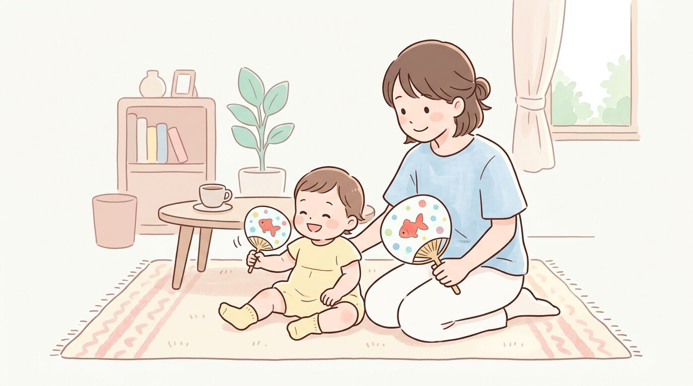 リビングのラグの上でうちわを持ちながら涼んでいる1歳児と見守る母親の温かい様子