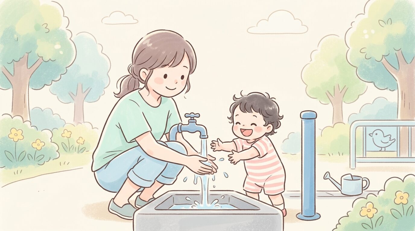 公園の水道で親子一緒に手を洗いながら水遊びを楽しむ2歳児の笑顔