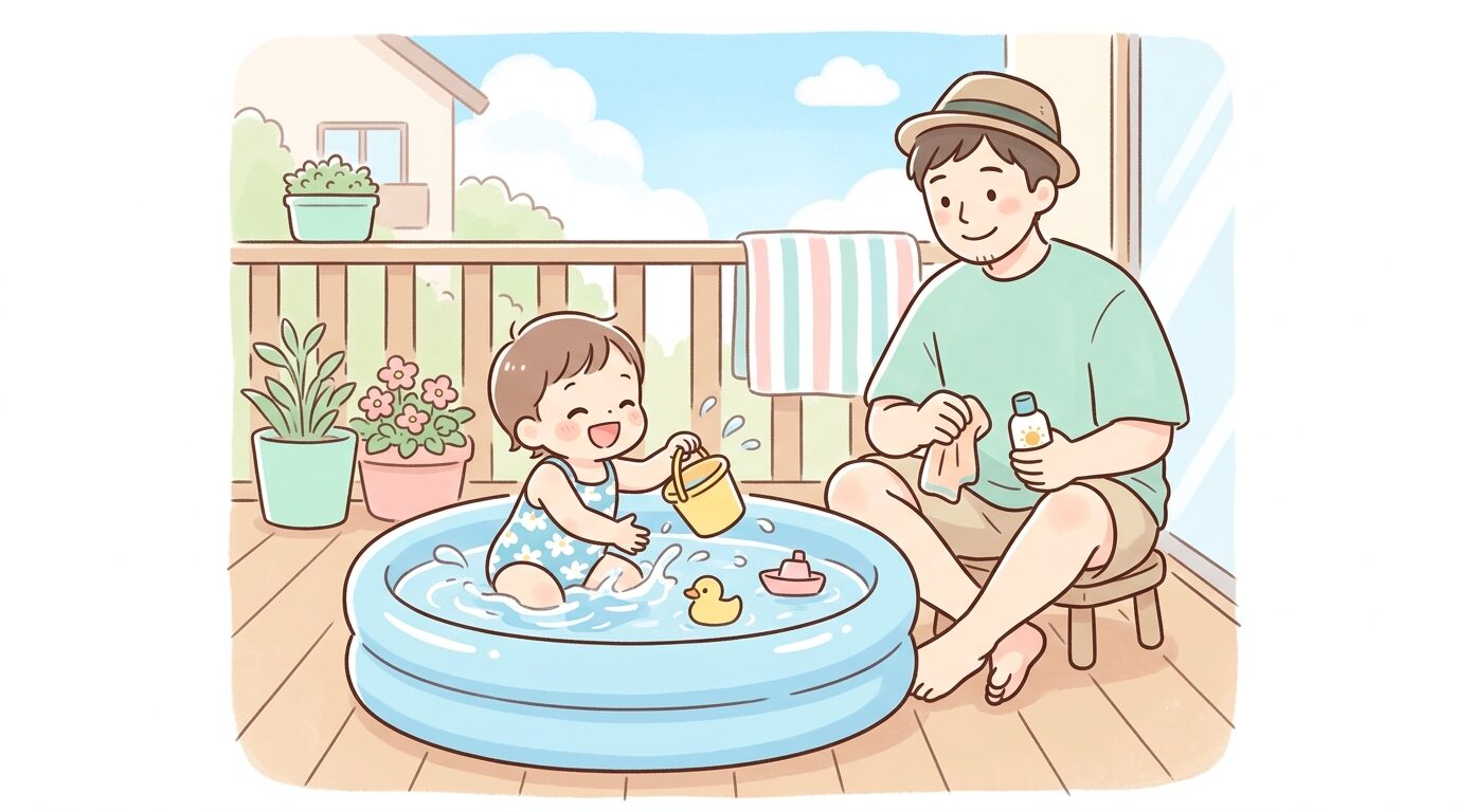 ベランダに置いたビニールプールで水しぶきを浴びながら遊ぶ幼児と隣で見守る父親