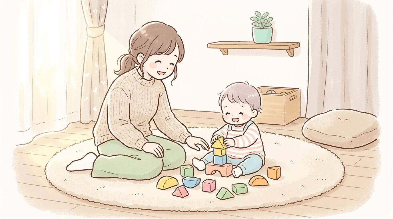 リビングのラグの上で色とりどりの積み木を並べて遊ぶ1歳児と、隣で優しく見守る母親の柔らかな朝の光の中の様子