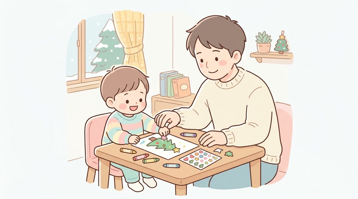 テーブルの上でクレヨンとシールを使ってクリスマスの工作をする2歳児と、隣で一緒に手を添える父親の温かい室内の情景