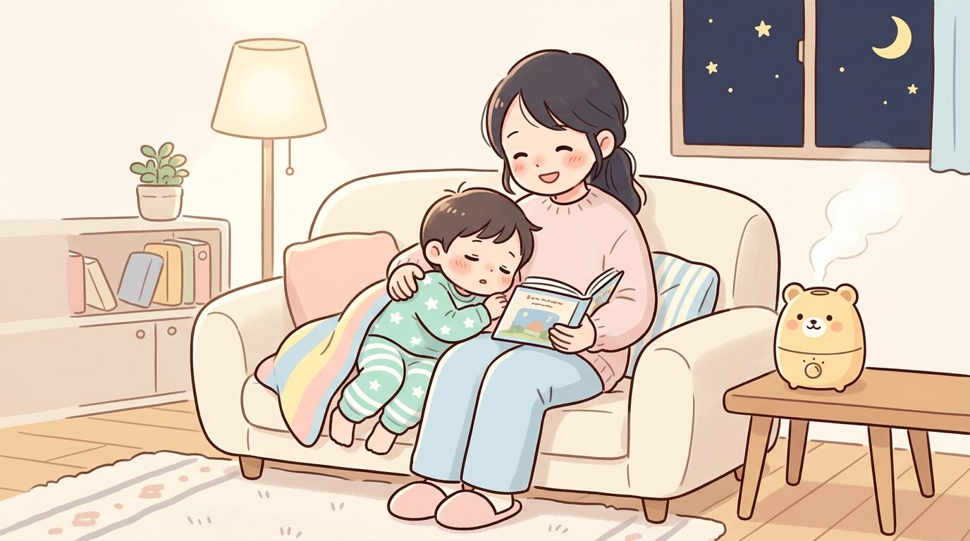 加湿器が置かれた暖かいリビングで、パジャマ姿の子どもが絵本を読む母親の膝の上で眠そうにしている夜の穏やかな様子