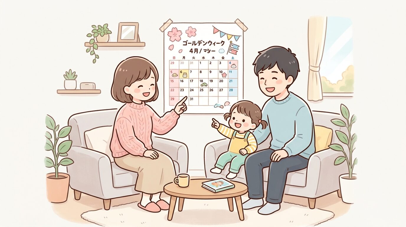 リビングでカレンダーを見ながら笑顔で会話する若い夫婦と幼児