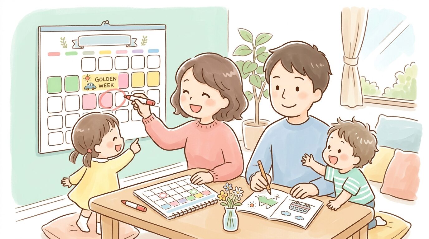 家族4人がカレンダーに丸をつけながらお出かけ計画を立てている様子