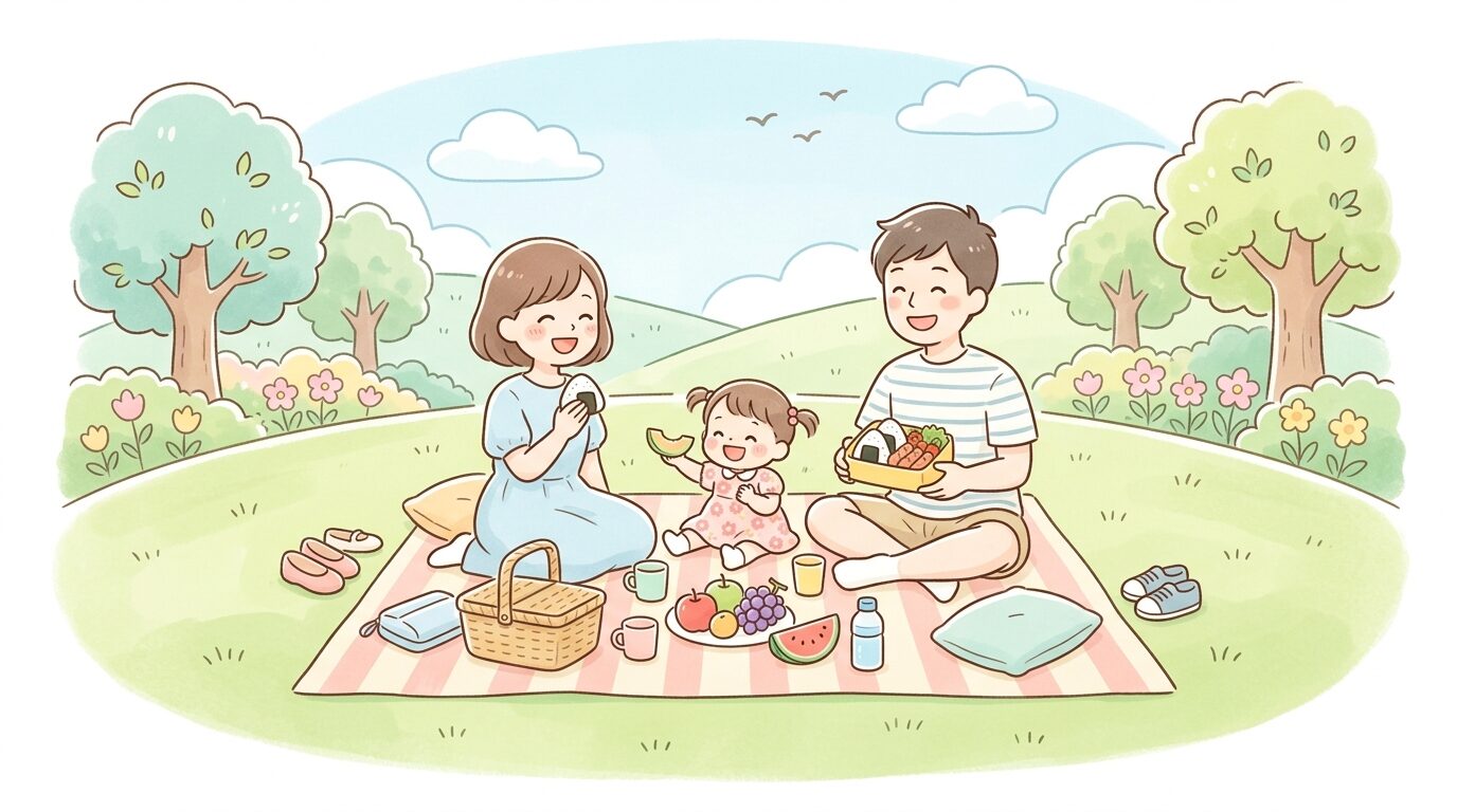 広い芝生の公園でシートを広げてピクニックをする親子
