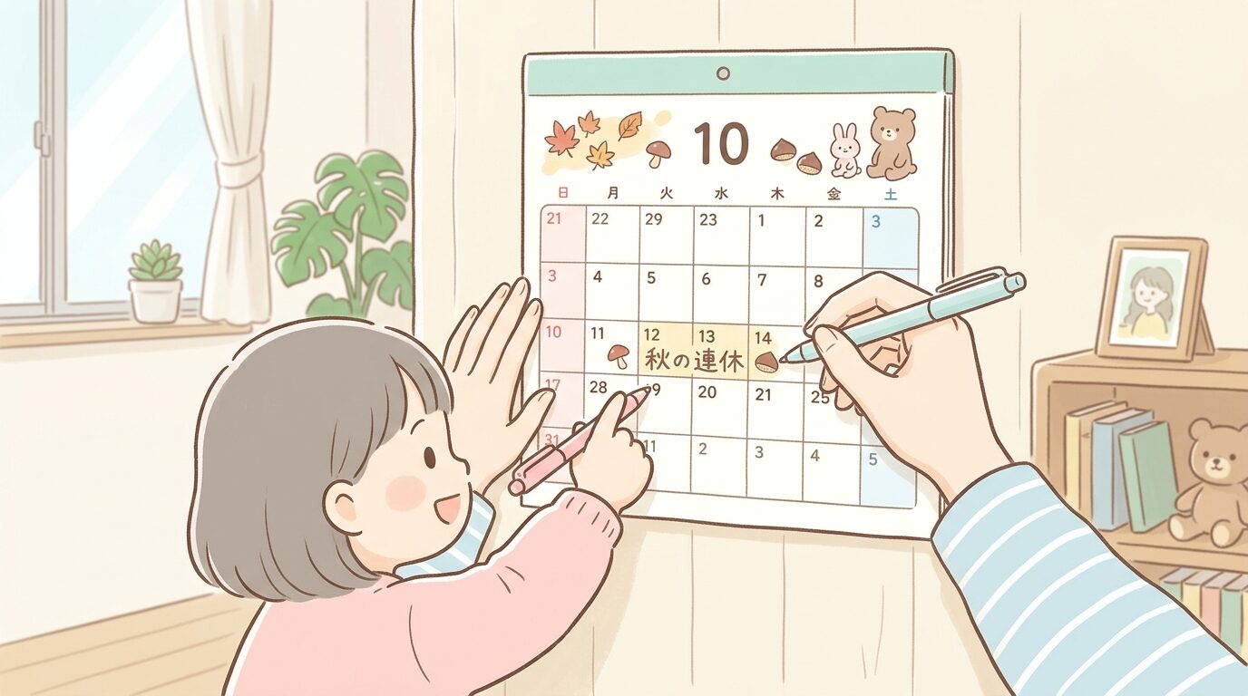 リビングのカレンダーに秋の連休の予定を書き込む親子の手元