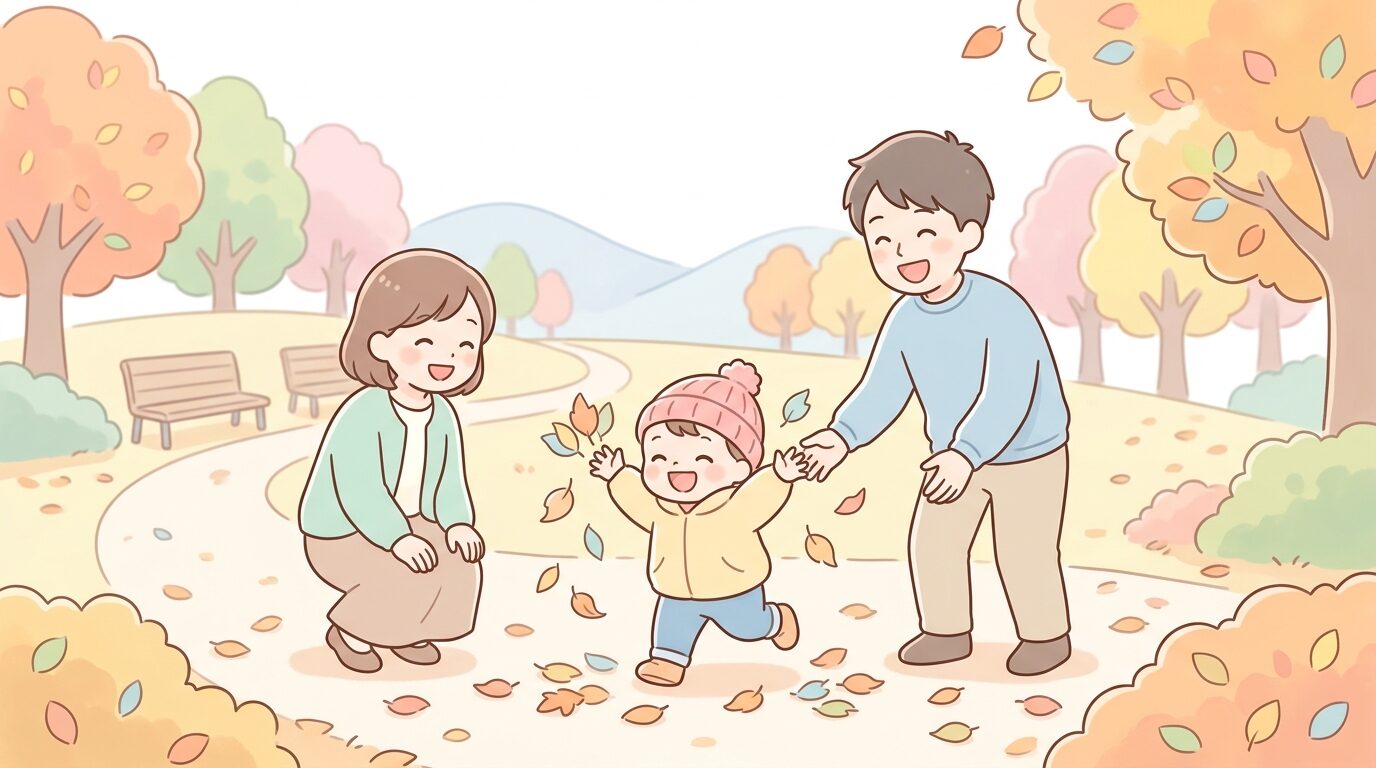 落ち葉の積もった公園で家族と一緒にはしゃぐ2歳くらいの子ども