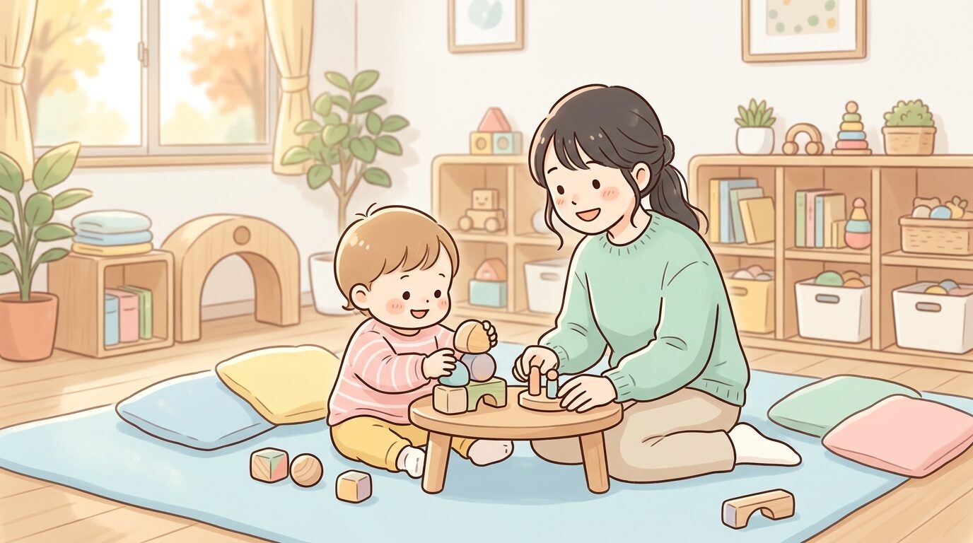 室内の子育て支援センターで木製おもちゃで遊ぶ1歳児と親