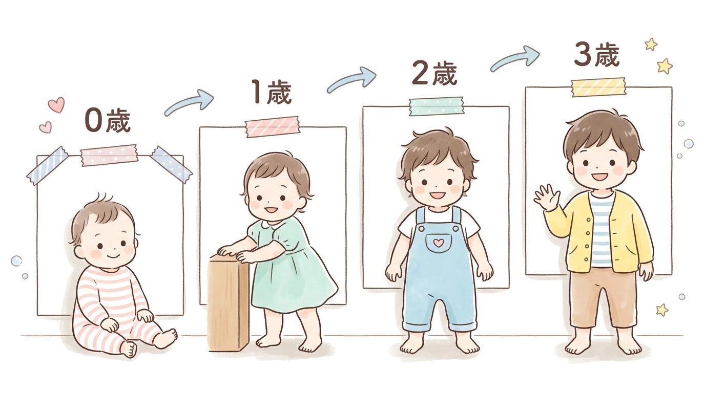 白い壁の前に立つ0歳から3歳までの子供の成長を時系列で並べたコラージュ写真