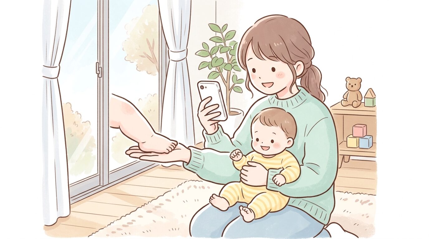 リビングの窓際で親の手のひらに赤ちゃんの足を乗せて撮影する様子