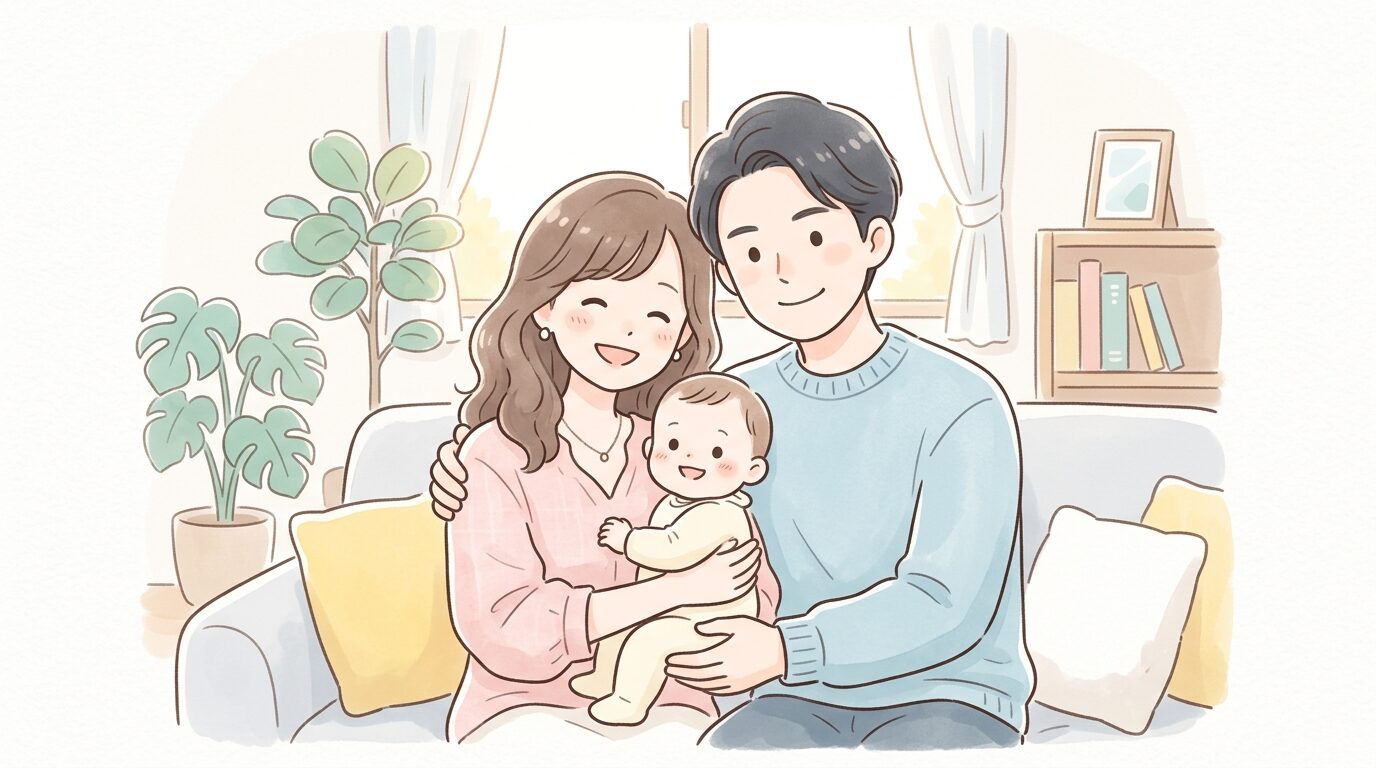 リビングで赤ちゃんを抱っこしながら微笑む若い夫婦の家族写真