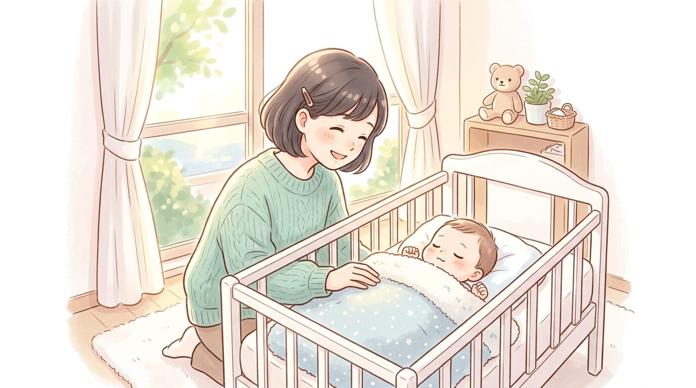 窓際の柔らかい光の中で赤ちゃんの寝顔を優しく見つめる母親