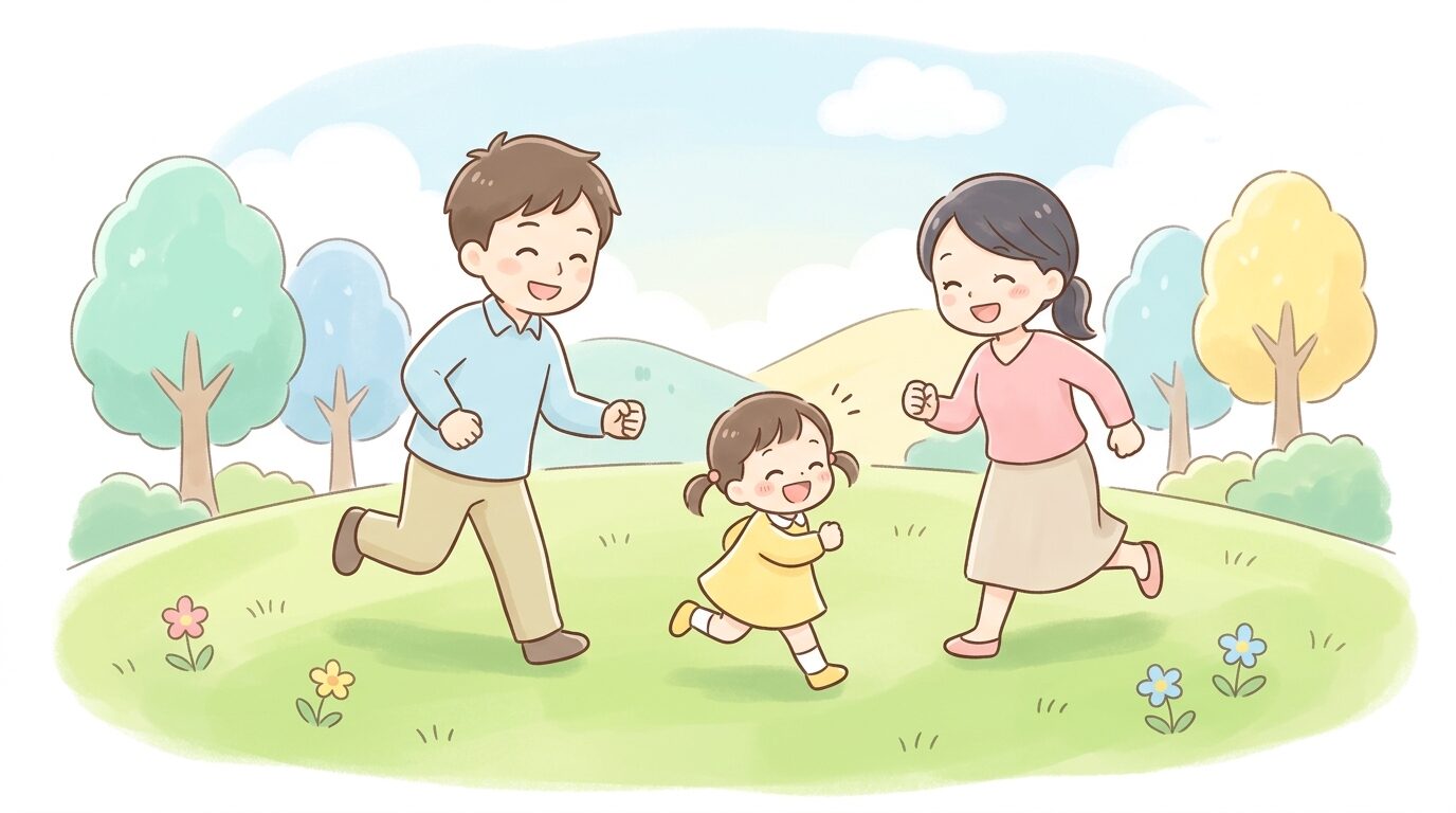 公園の芝生の上で笑いながら子どもと追いかけっこをする家族の様子