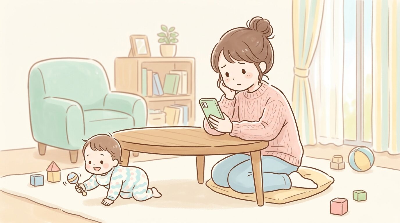 リビングでスマートフォンを見ながら少し考え込む表情の20代後半の母親、そばに1歳前後の赤ちゃんがハイハイしている様子
