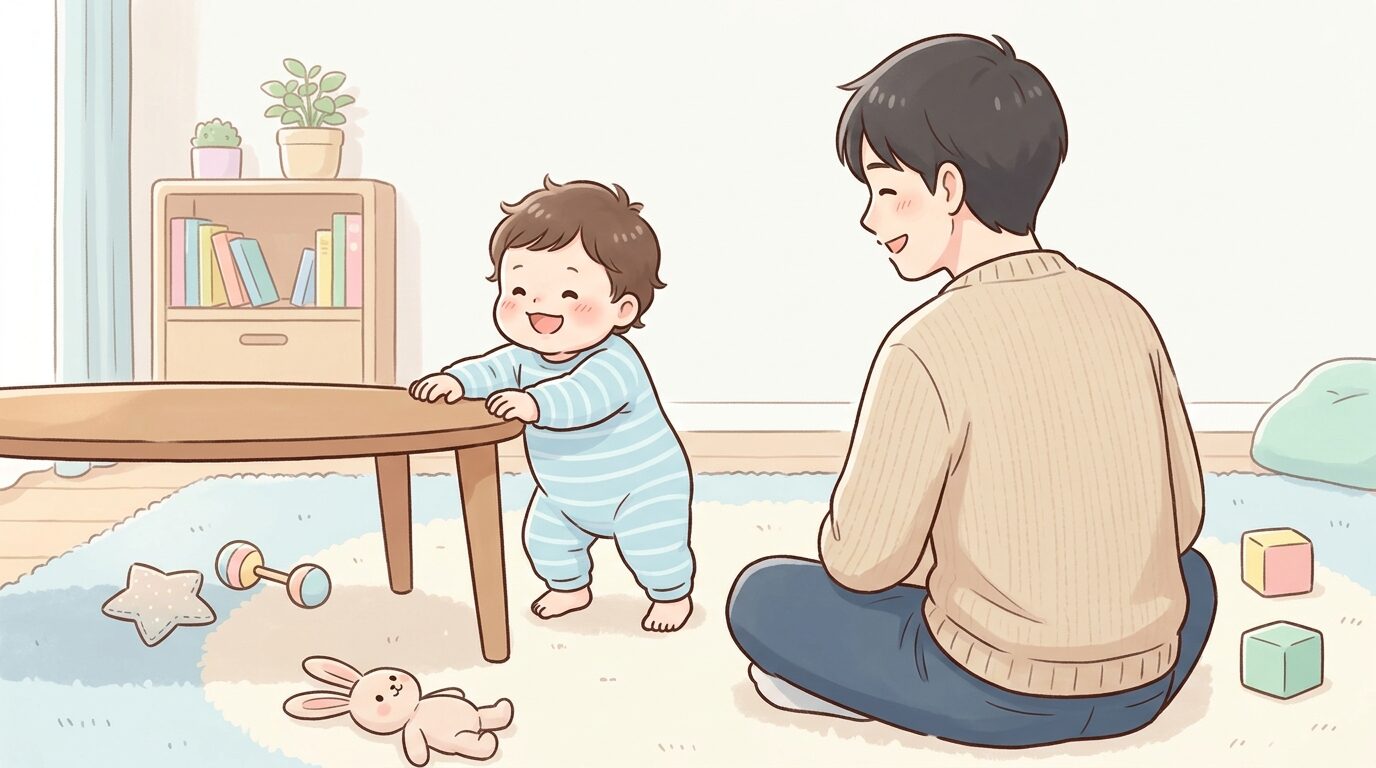 室内のカーペットの上でつかまり立ちをする1歳前後の赤ちゃんと、それを笑顔で見守る父親の後ろ姿