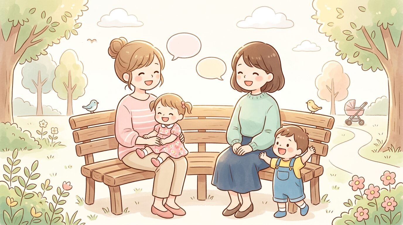 公園のベンチで隣に座る2組の親子が笑顔で会話をしている、あたたかい午後の光の中の様子