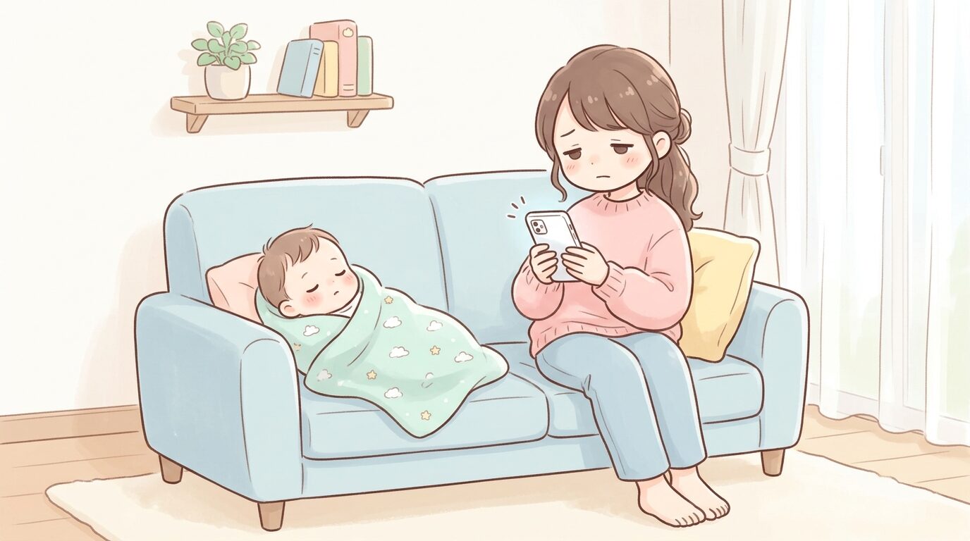 リビングのソファでスマートフォンを見ながら少し疲れた表情を浮かべる20代後半の母親、隣で眠る赤ちゃん
