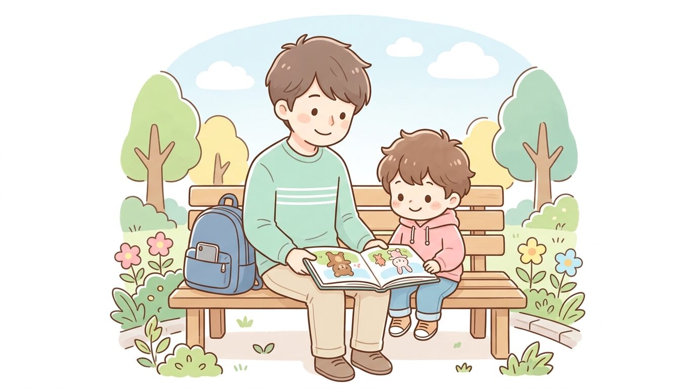 公園のベンチで子どもと一緒に絵本を読みながら穏やかに笑う父親、スマートフォンは鞄にしまわれている様子