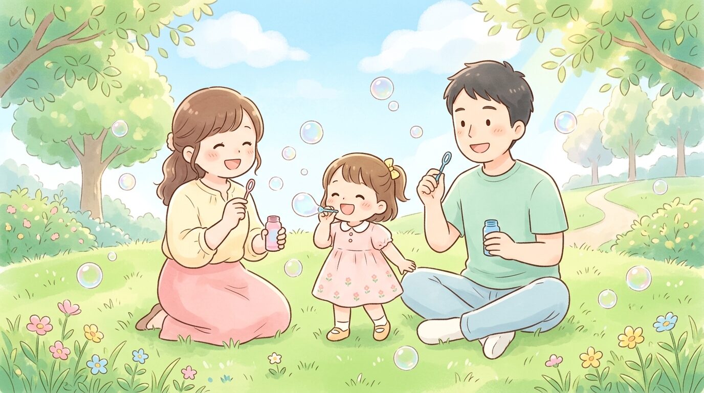 芝生の公園で親子3人がシャボン玉を吹いて遊んでいる、明るい昼下がりの光が差し込む温かい雰囲気