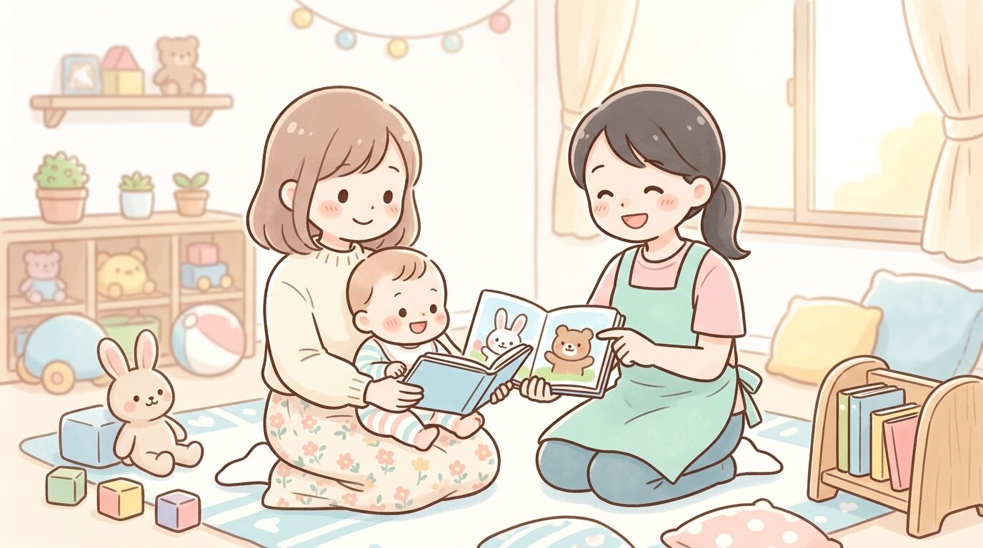 明るい室内で赤ちゃんと一緒に絵本を読む若い母親と保育士の様子
