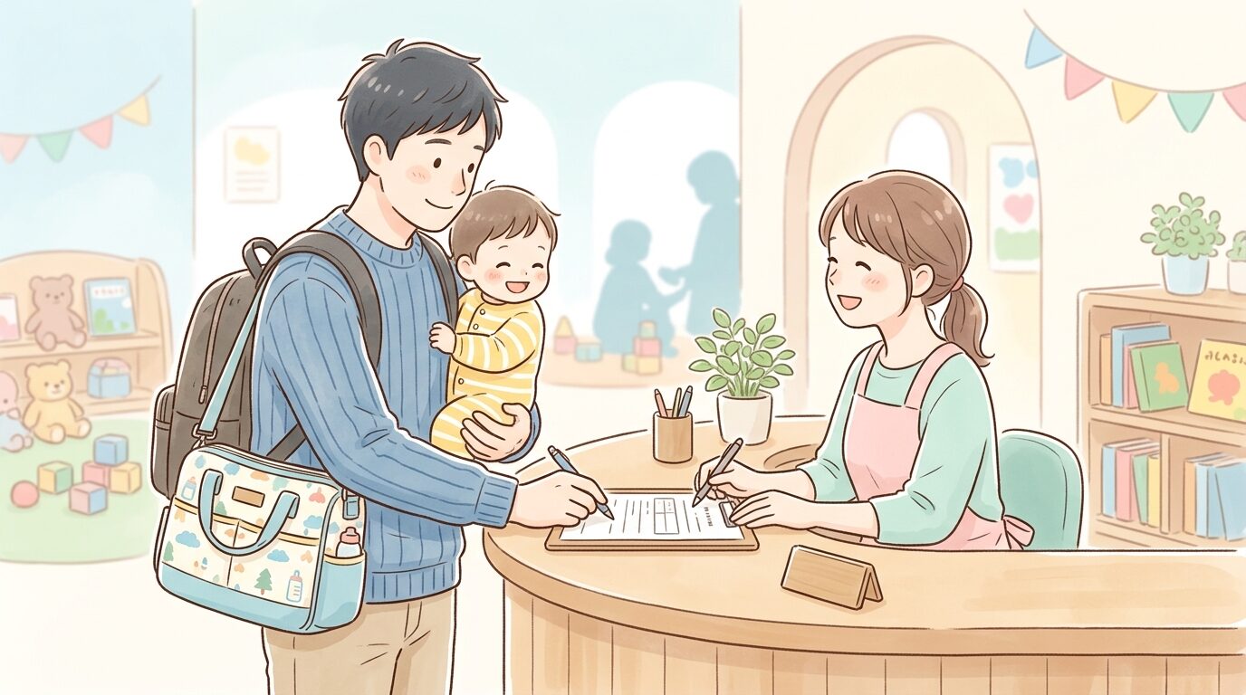 支援センターの受付でおむつバッグを持ちながら手続きをする父親と幼児