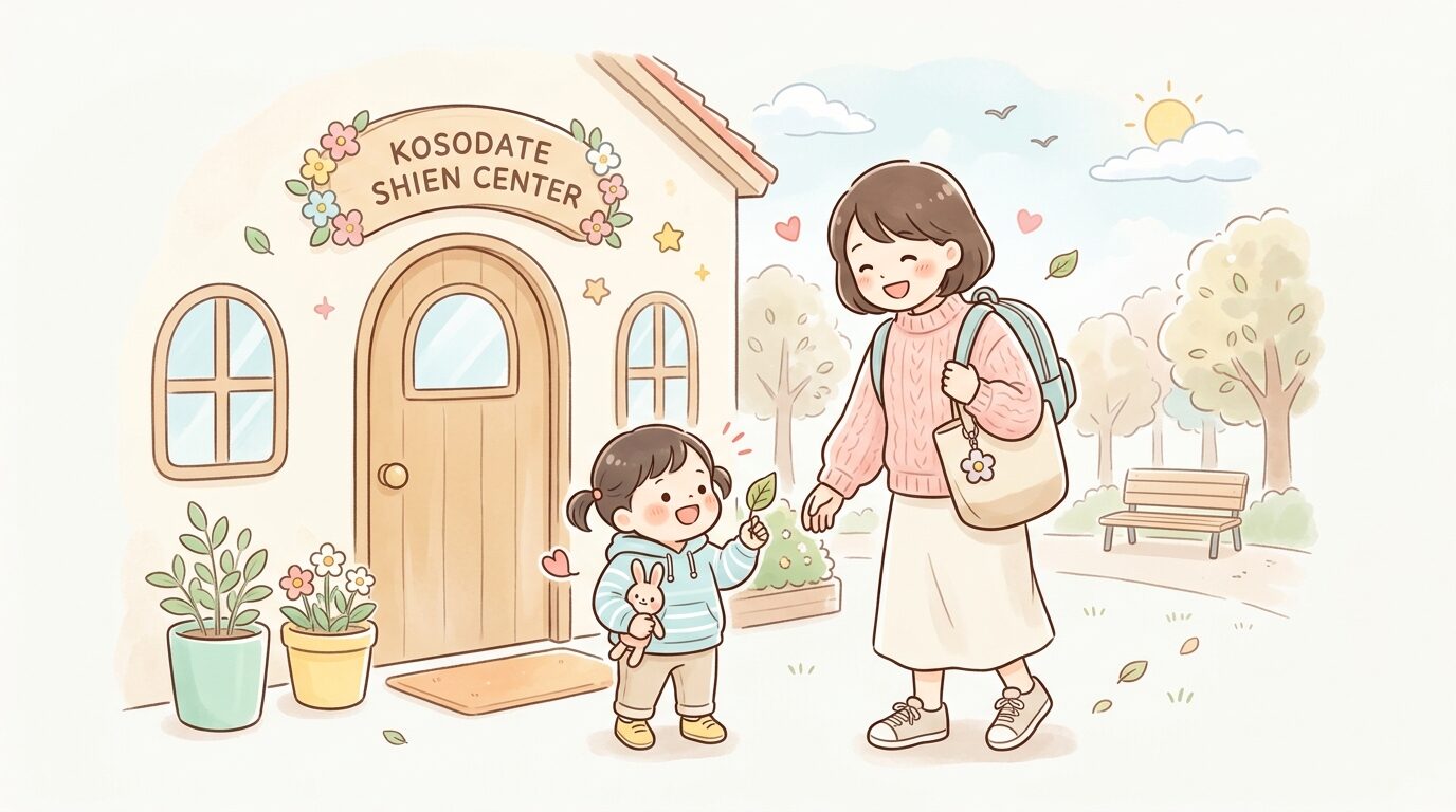 公園帰りに親子連れが子育て支援センターの入り口で笑顔で会話する場面