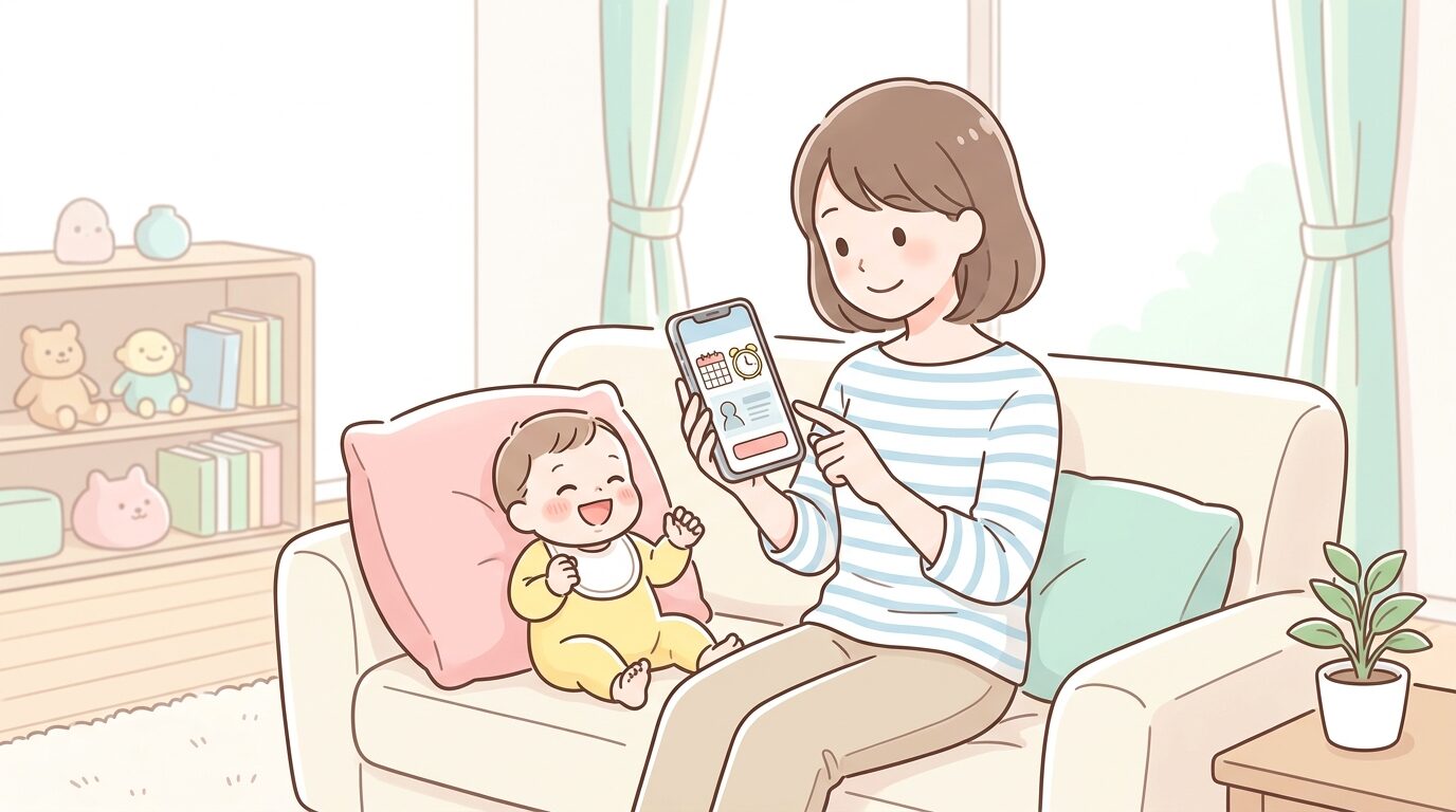明るいリビングでスマートフォンを見ながら保育園の一時預かり予約画面を操作する20代後半の母親、隣で赤ちゃんが笑っている温かい雰囲気