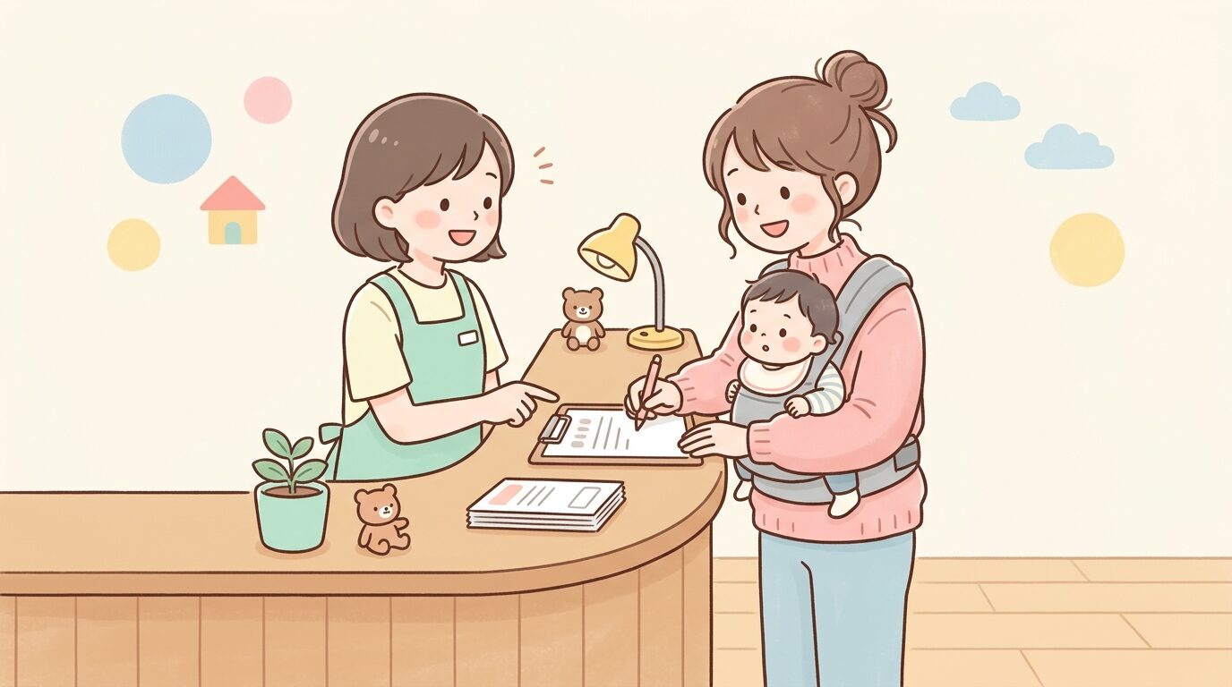 保育園の受付カウンターで書類に記入しながら職員に相談する母親と、抱っこ紐に抱かれた1歳児