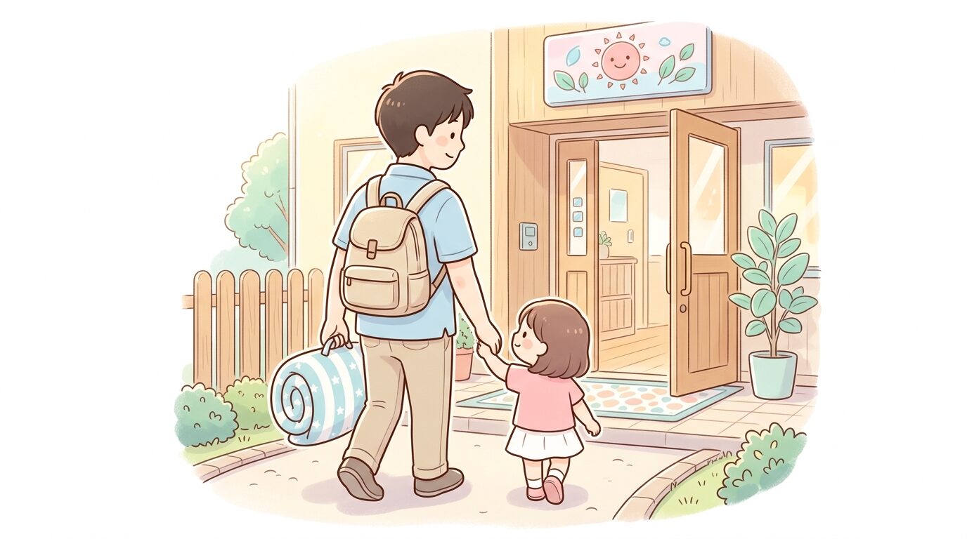 保育園の玄関でリュックとお昼寝布団を持ち、子どもと手をつないで登園する父親の後ろ姿、朝の柔らかい光