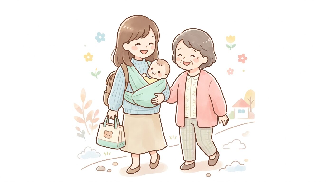保育園の送迎バッグを持ち、0歳の赤ちゃんを抱っこして笑顔で歩く母親と、隣で寄り添う地域の女性