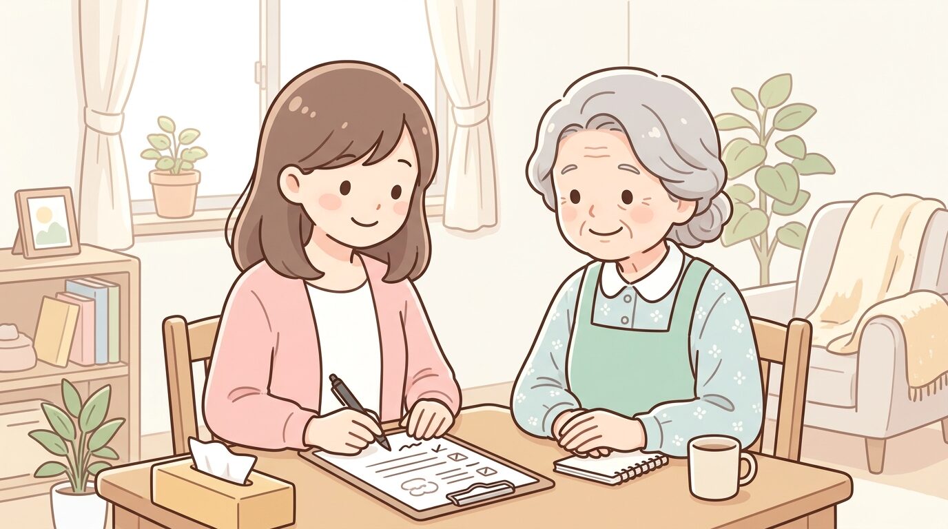 リビングで子育て支援の書類にサインをする母親と、隣で優しく見守る年配の女性提供会員