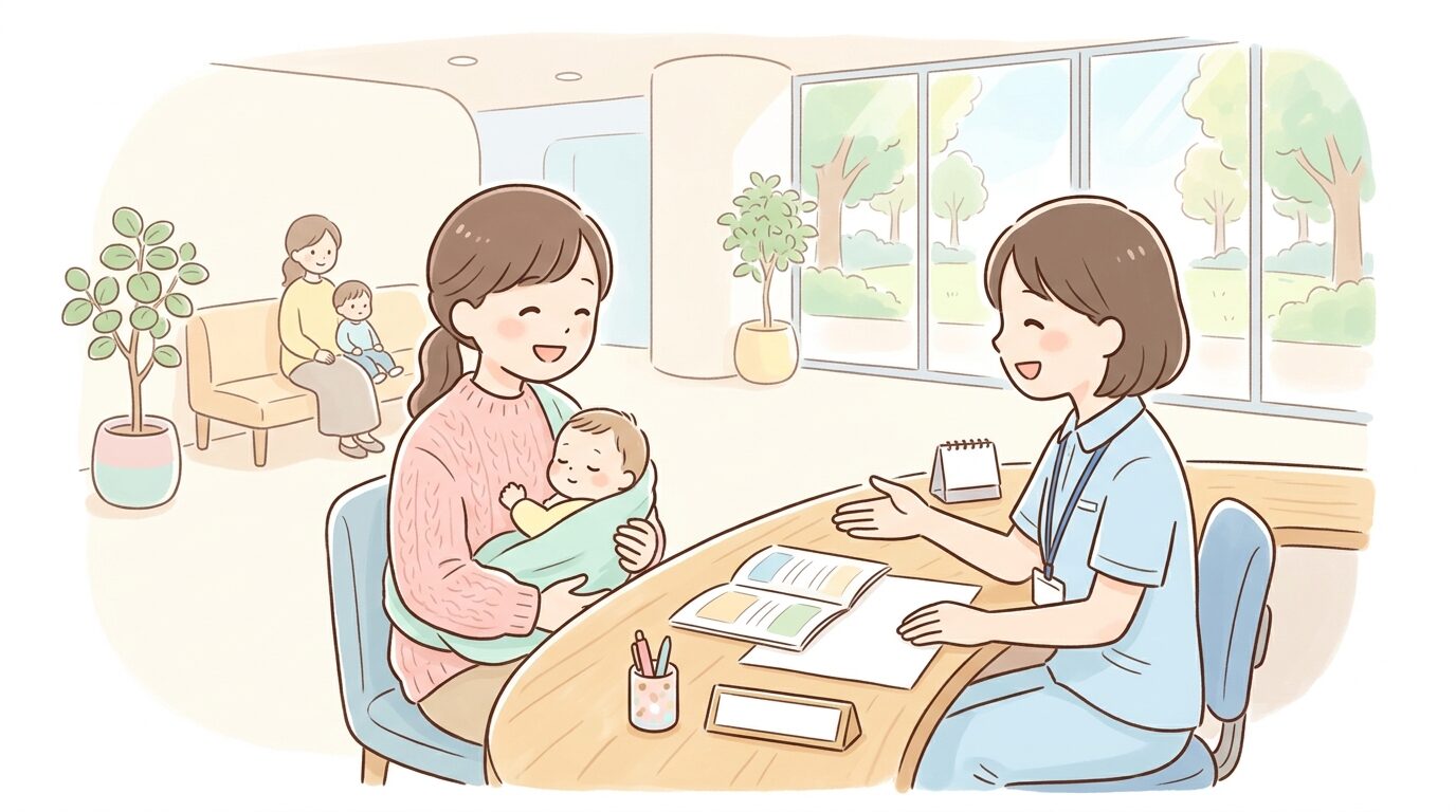 自治体の窓口カウンターで子育て支援の相談をする若い母親と丁寧に説明する職員