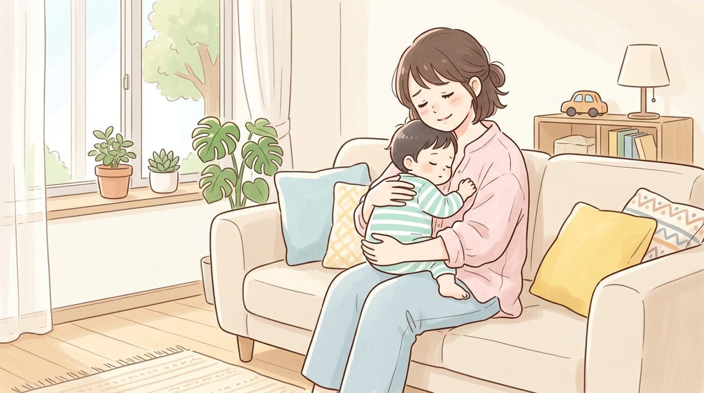 リビングで疲れた表情を見せながらも子どもを優しく抱く20代後半の母親、柔らかい自然光が差し込む部屋